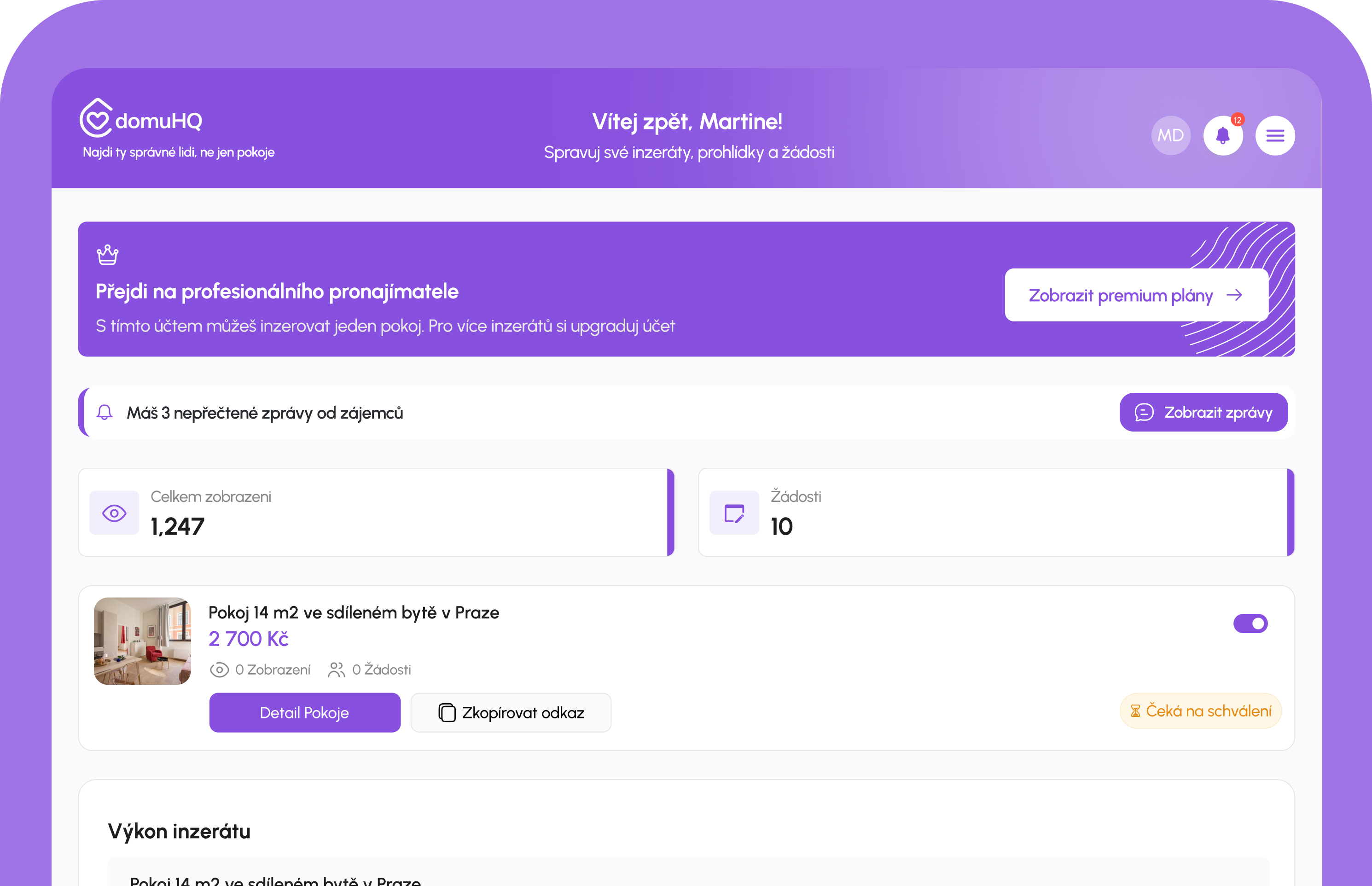 Dashboard pro bydlení s nájemníkem